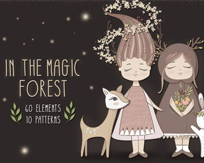 森林手绘女孩动物房屋树木插画素材下载