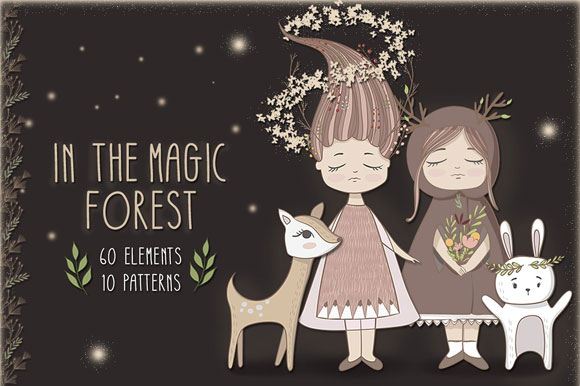 森林手绘女孩动物房屋树木插画素材下载1