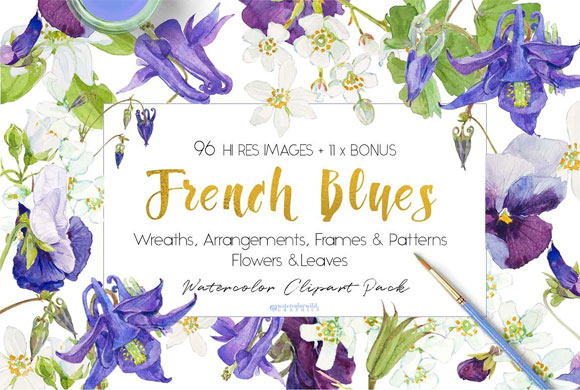 水彩蓝色花卉花环花框卡片装饰素材下载1