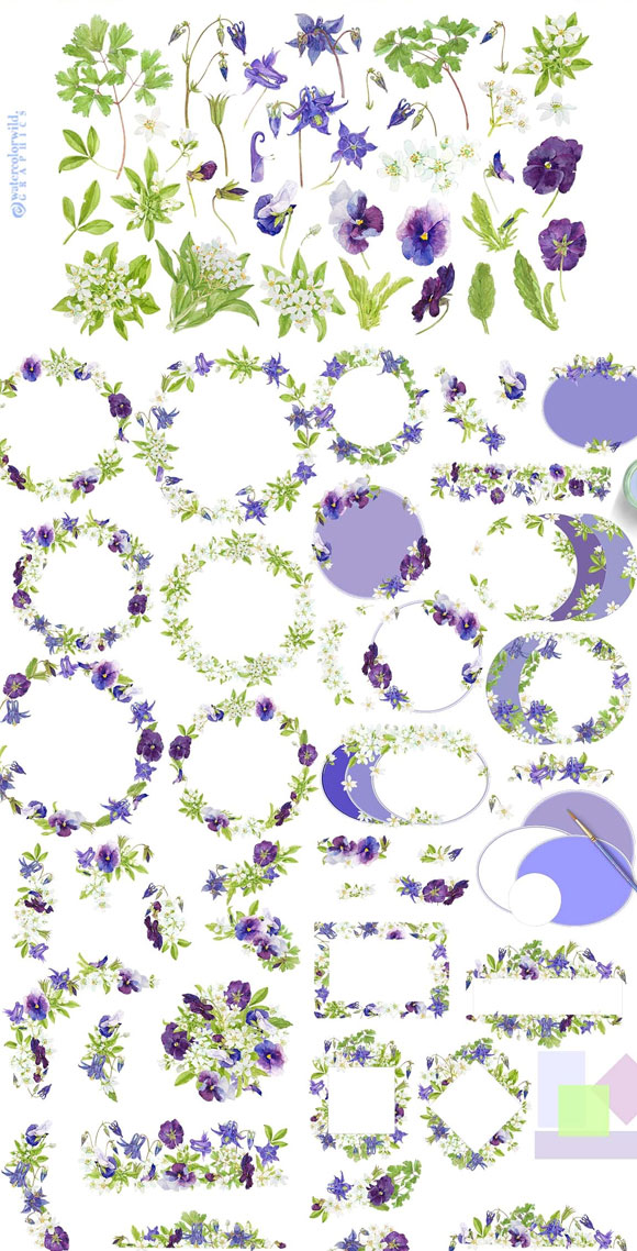 水彩蓝色花卉花环花框卡片装饰素材下载2