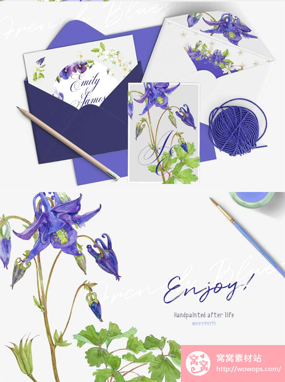 水彩蓝色花卉花环花框卡片装饰素材下载4