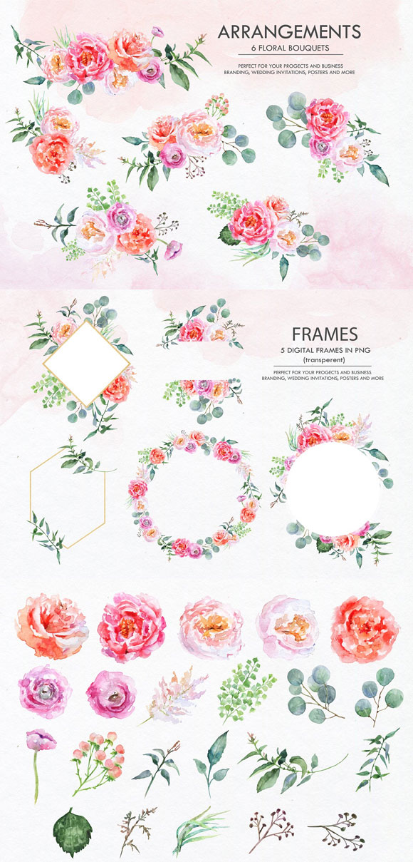水彩牡丹花卉花束框架无缝背景图案素材2
