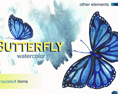 蓝色水彩蝴蝶蜻蜓素材下载