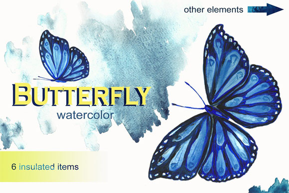 蓝色水彩蝴蝶蜻蜓素材下载1