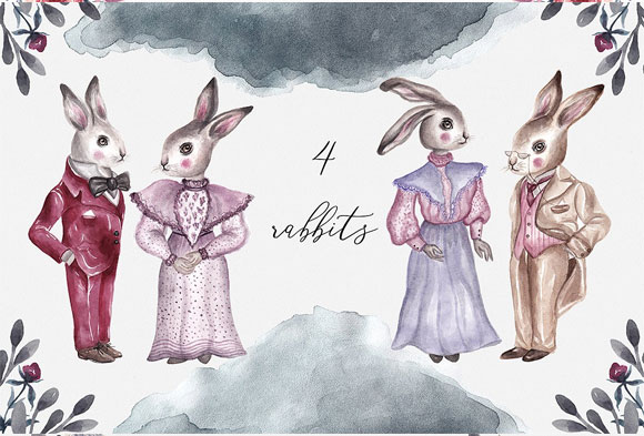 复活节水彩卡通人物兔子花卉植物插画下载2