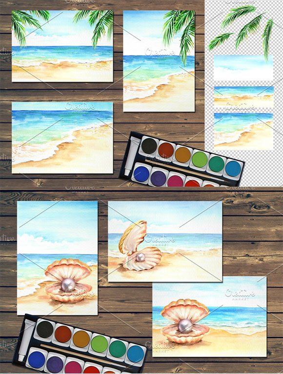 水彩沙滩棕榈夏季背景蚌壳珍珠素材下载3