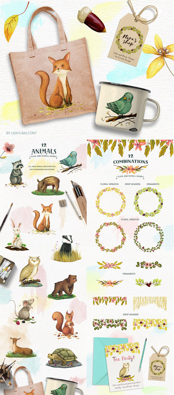 手绘森林动物植物花环图案素材下载3