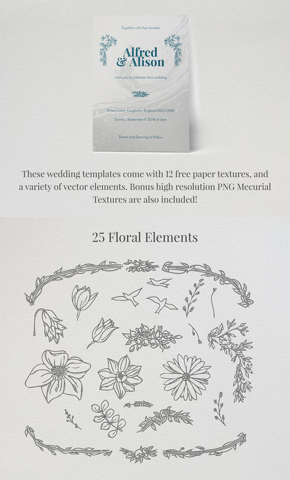 抽象纹理元素手绘花卉婚礼邀请函设计素材3