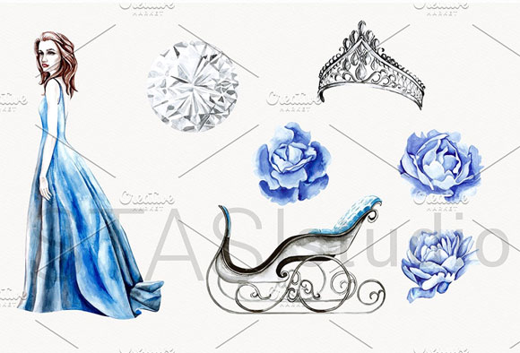 水彩时尚蓝色女孩皇冠花卉图案素材下载2