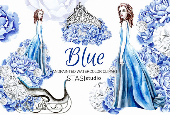 水彩时尚蓝色女孩皇冠花卉图案素材下载1