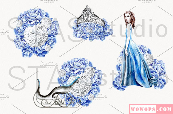 水彩时尚蓝色女孩皇冠花卉图案素材下载3