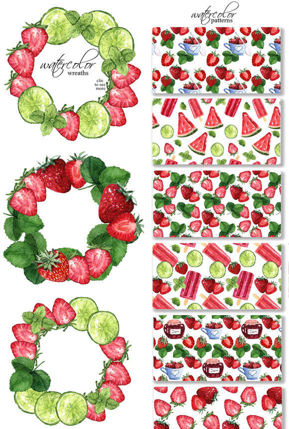 水彩夏日草莓浆果冰棍背景图案素材2