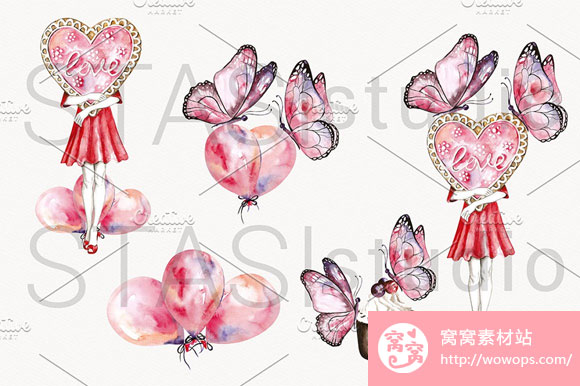 水彩粉色蝴蝶女孩气球甜点素材下载3