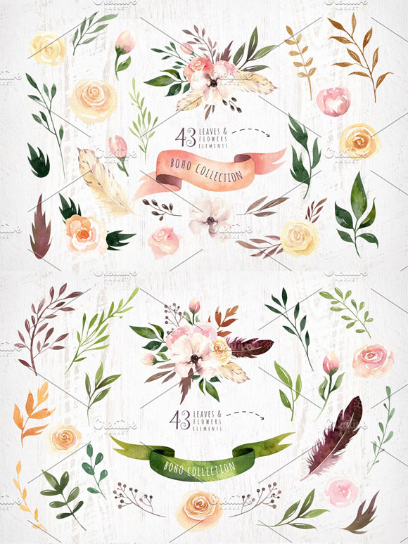 波希米亚花卉树叶植物花环花束婚礼插画素材2