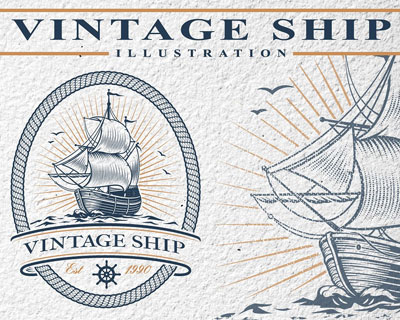 老式复古海船帆船图标标签设计素材