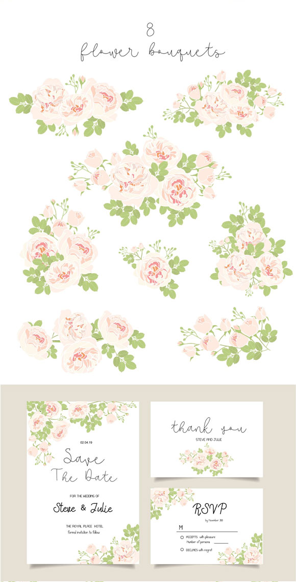 粉色小清新花卉花环婚礼卡片唯美英文字体合集素材2