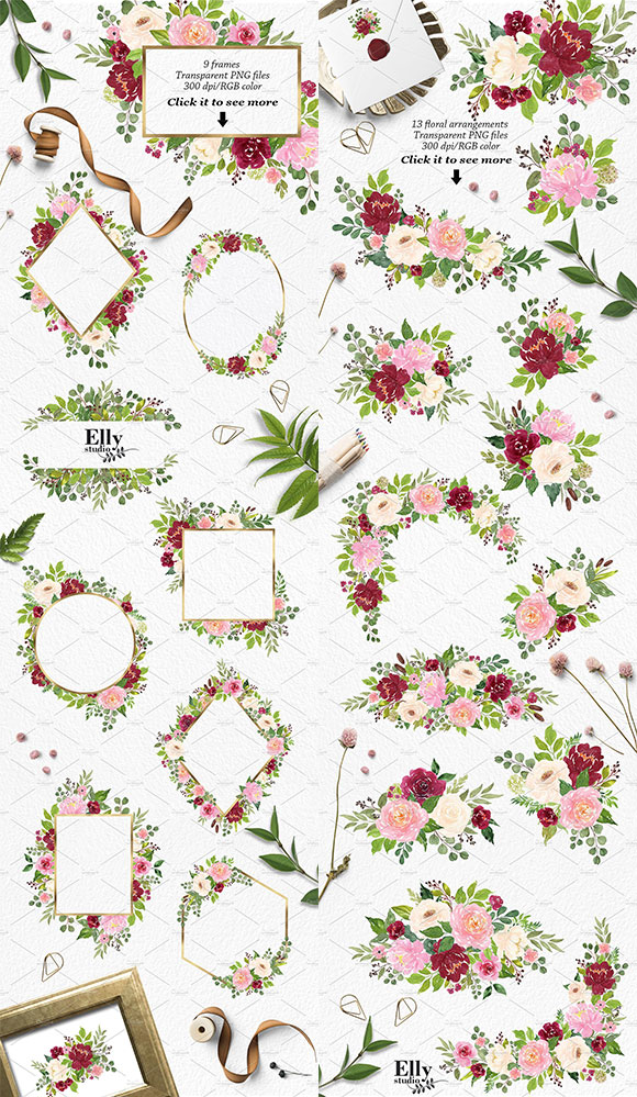 水彩花卉图案框架唯美英文字母婚礼插画素材2