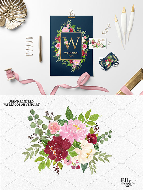 水彩花卉图案框架唯美英文字母婚礼插画素材4
