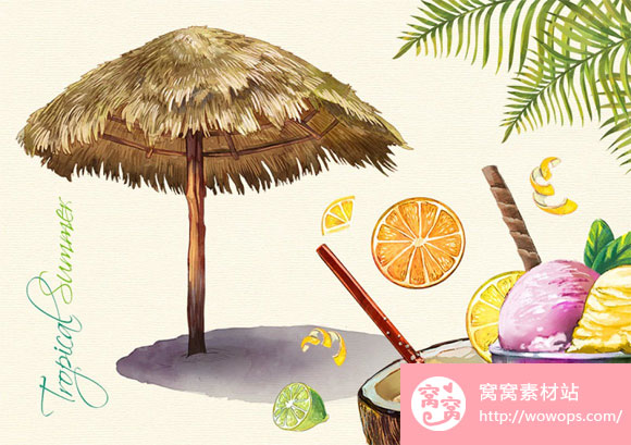 夏日水彩热带花卉植物叶子椰汁冰淇淋素材下载5
