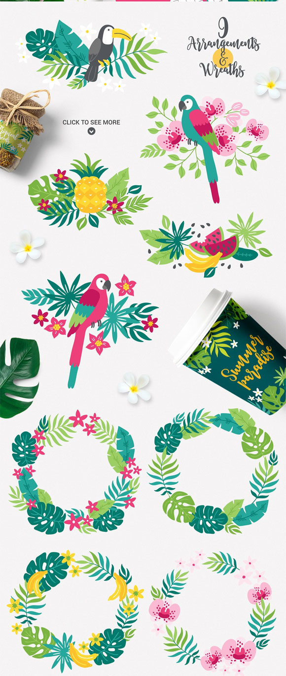 夏季热带自然花环贺卡礼品标签花框素材下载2