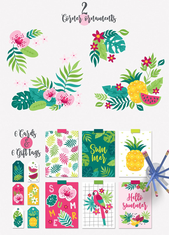 夏季热带自然花环贺卡礼品标签花框素材下载3