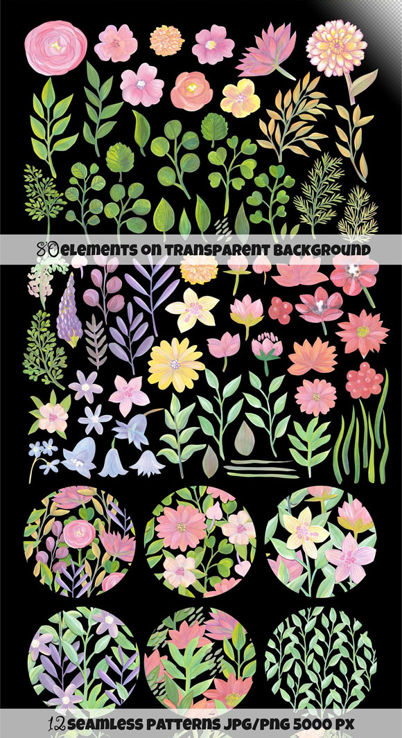 手绘唯美花卉植物叶子图案装饰贴图素材下载2