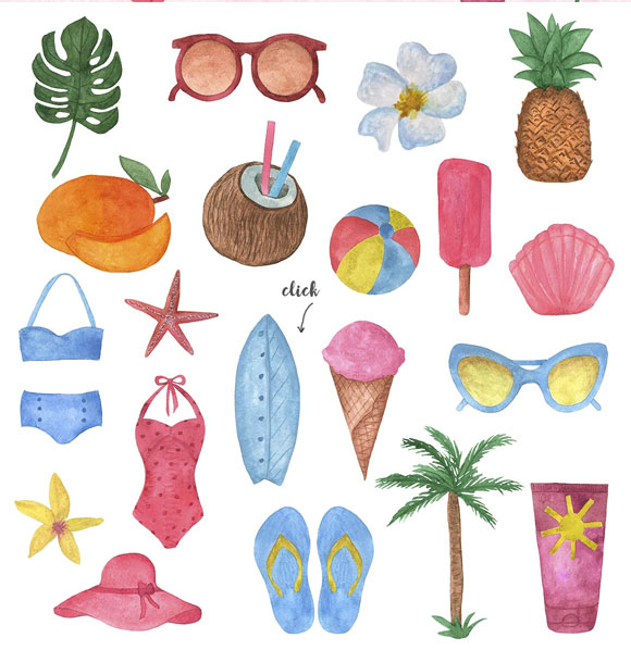 水彩画海滩热带假日椰子菠萝冲浪插画下载2