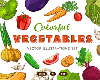 复古素描彩色蔬菜素材下载