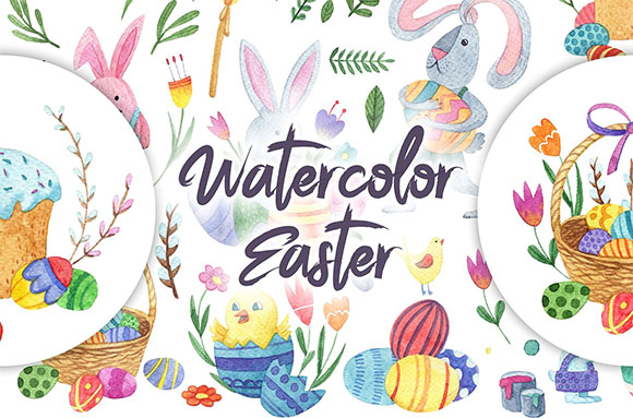 复活节春天可爱兔子鸡蛋篮子蛋糕插画素材1