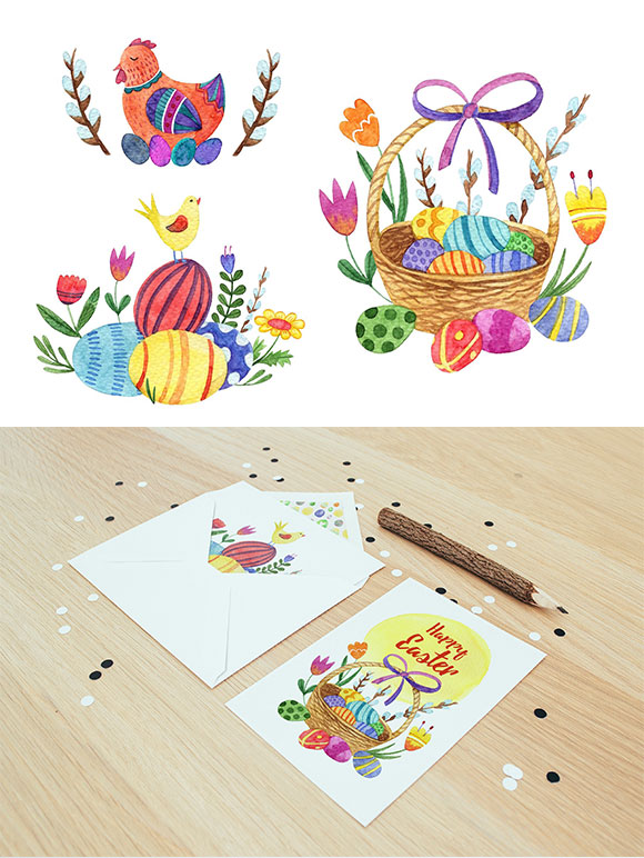 复活节春天可爱兔子鸡蛋篮子蛋糕插画素材3