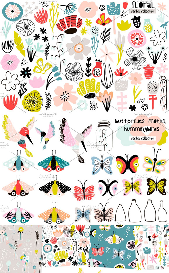 纳维亚风格多彩绚丽蝴蝶鸟花卉图案素材下载2