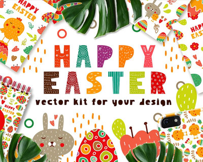 欢快滑稽可爱复活节兔子鸡蛋节日卡片素材下载
