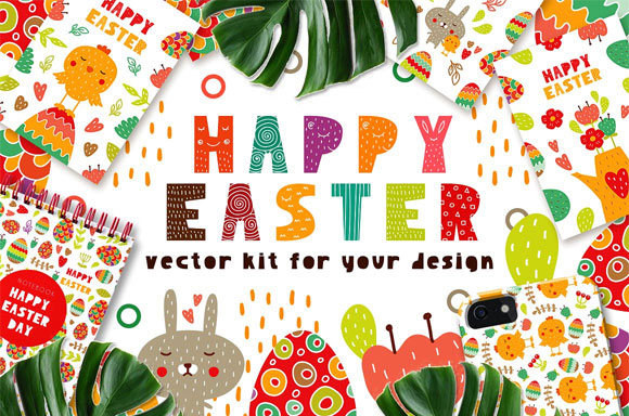 欢快滑稽可爱复活节兔子鸡蛋节日卡片素材下载1