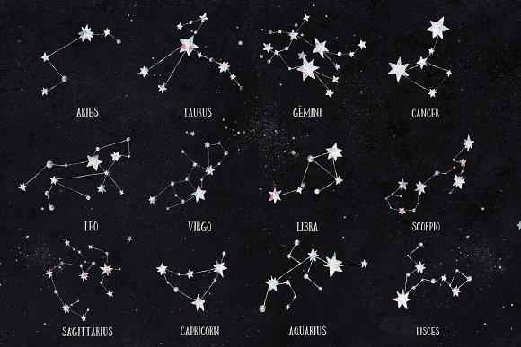 手绘宇宙星河银河占星十二星座矢量图案2