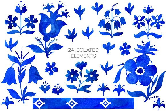 蓝色手绘水彩花朵PNG素材2