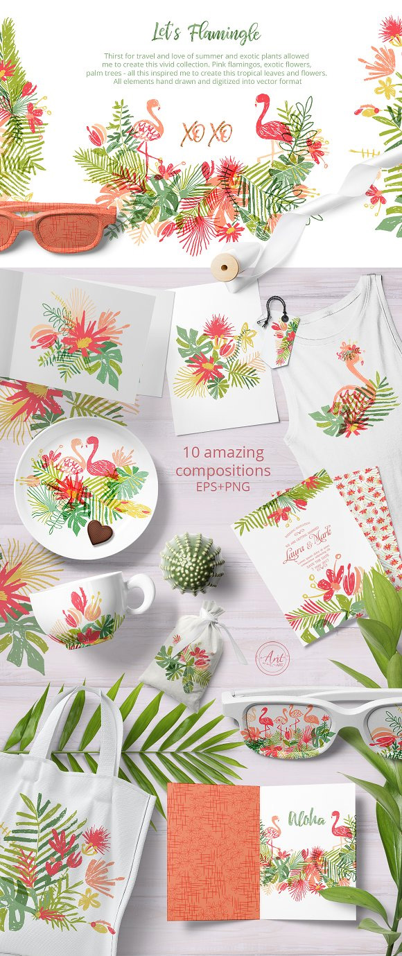 夏日手绘火烈鸟热带度假植物图案包装设计纹理图片7