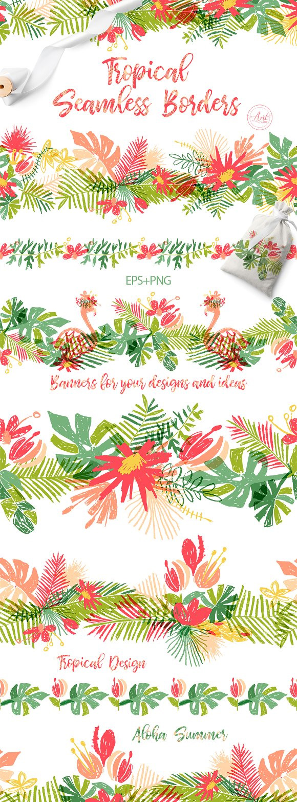夏日手绘火烈鸟热带度假植物图案包装设计纹理图片9