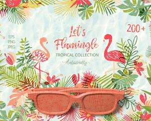 夏日手绘火烈鸟热带度假植物图案包装设计纹理图片