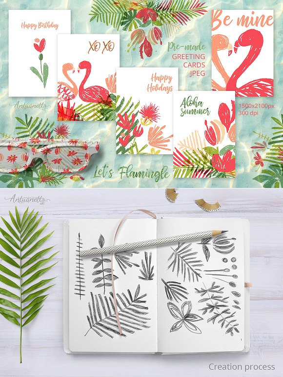 夏日手绘火烈鸟热带度假植物图案包装设计纹理图片11