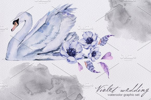 淡雅紫色唯美手绘水彩天鹅小鸟PNG透明图片6