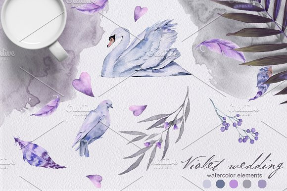 淡雅紫色唯美手绘水彩天鹅小鸟PNG透明图片8