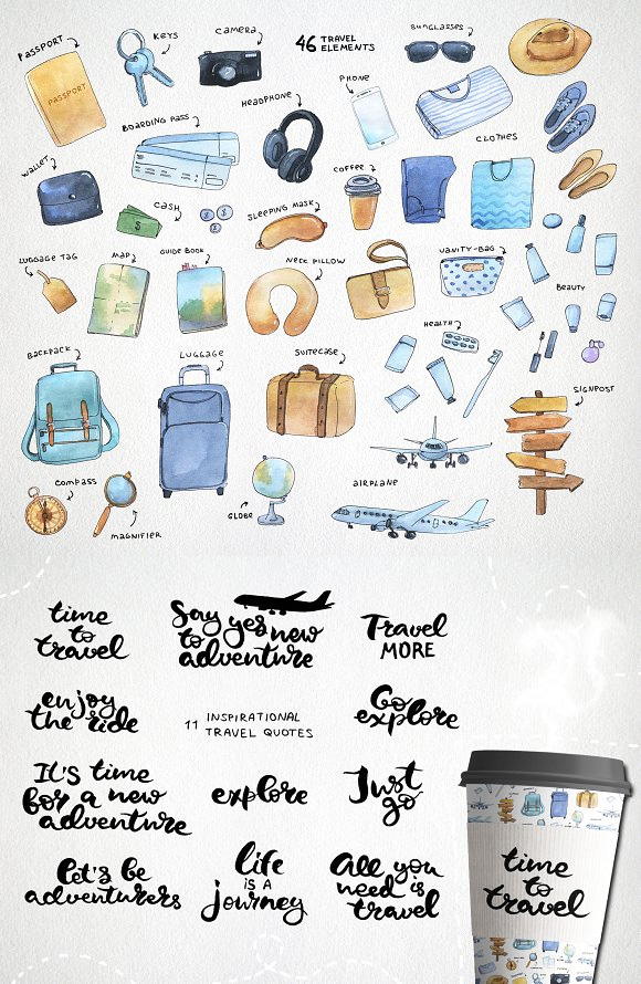 可爱手绘卡通旅行箱耳机T恤PNG透明素材下载2