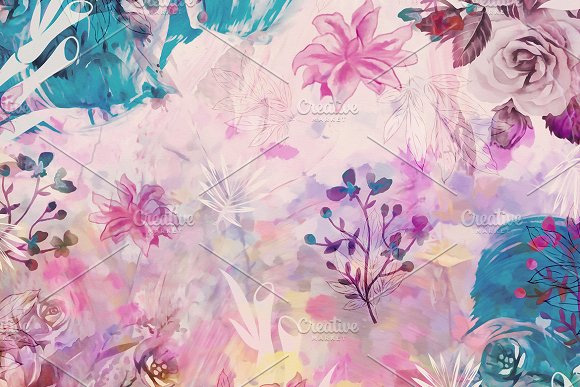 手绘水彩抽象风景花卉自然植物叶子蝴蝶图案背景墙纸图案4