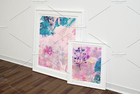 手绘水彩抽象风景花卉自然植物叶子蝴蝶图案背景墙纸图案9