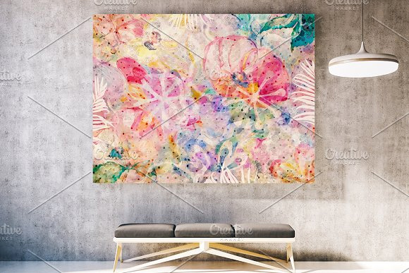 手绘水彩抽象风景花卉自然植物叶子蝴蝶图案背景墙纸图案8