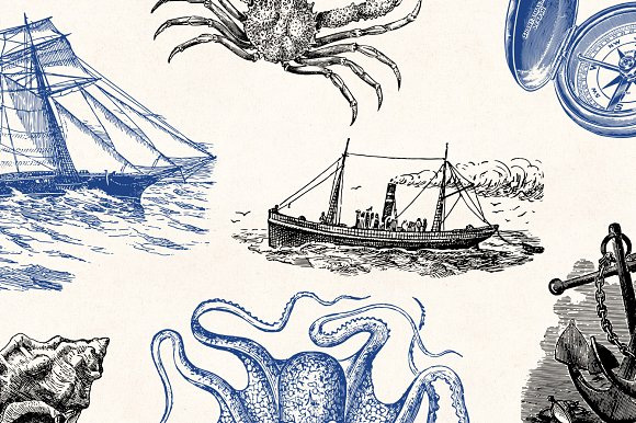 手绘素描航海游艇轮船帆船河豚章鱼矢量设计素材2