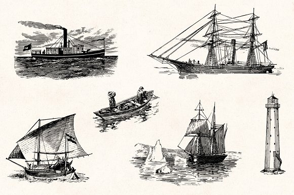 手绘素描航海游艇轮船帆船河豚章鱼矢量设计素材4