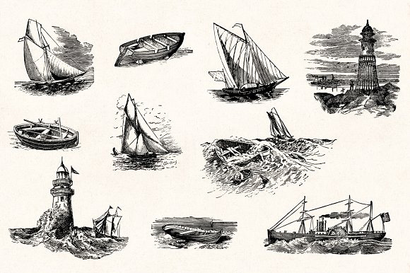 手绘素描航海游艇轮船帆船河豚章鱼矢量设计素材5
