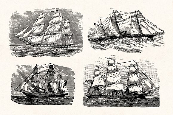 手绘素描航海游艇轮船帆船河豚章鱼矢量设计素材7
