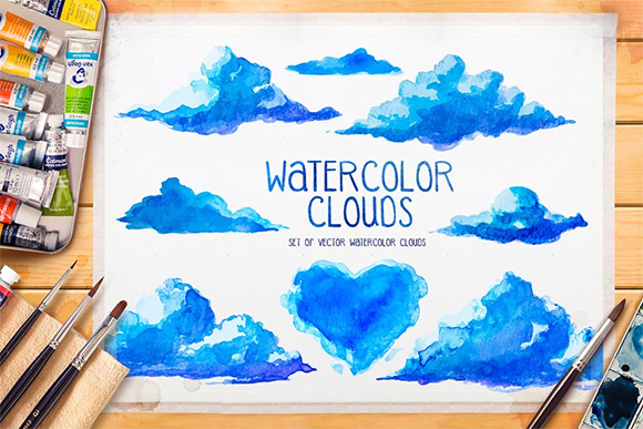 手绘水彩卡通云朵云彩AI矢量设计素材1